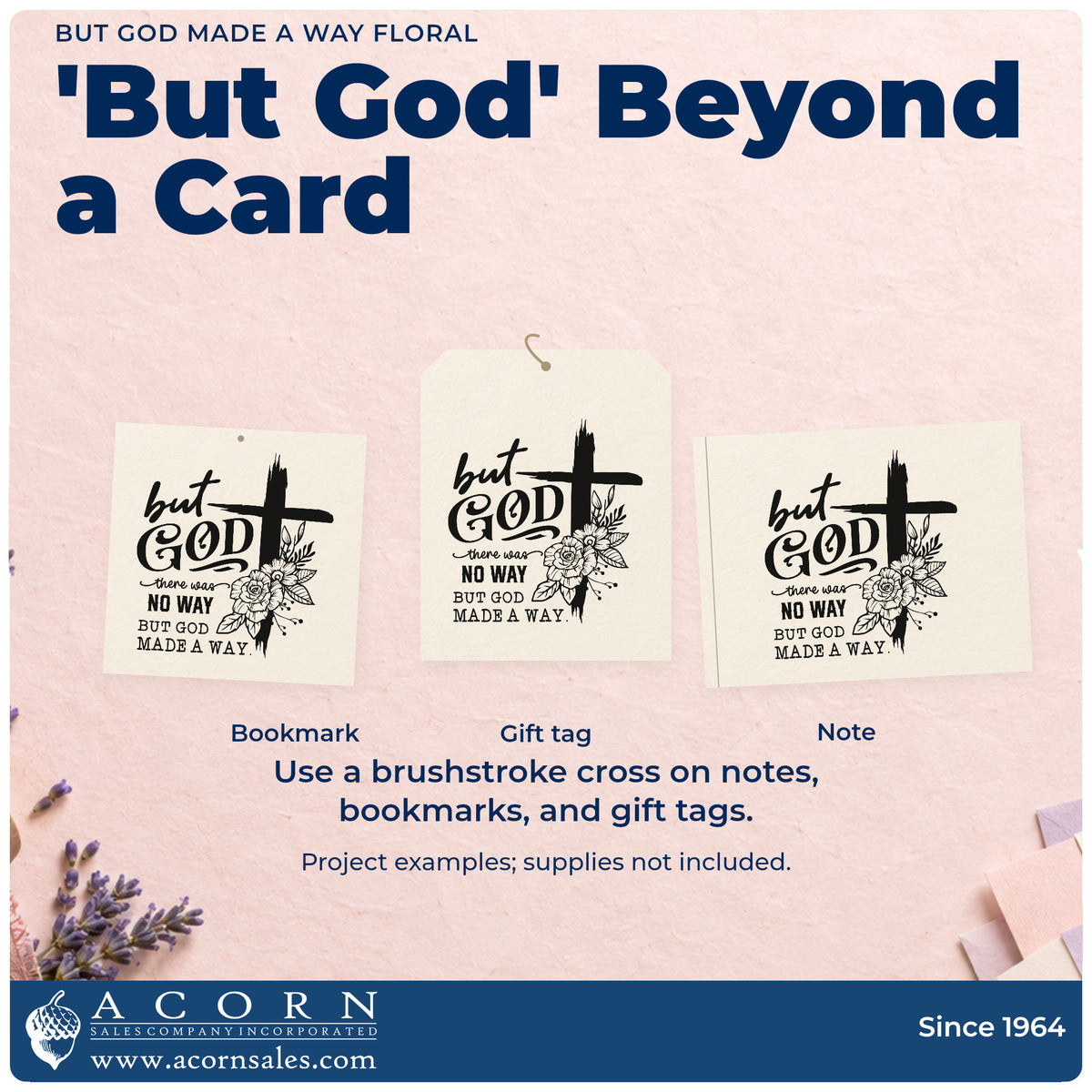 Three project examples made with the But God Made A Way Floral Rubber Stamp – Wood Handle, including recovery cards.