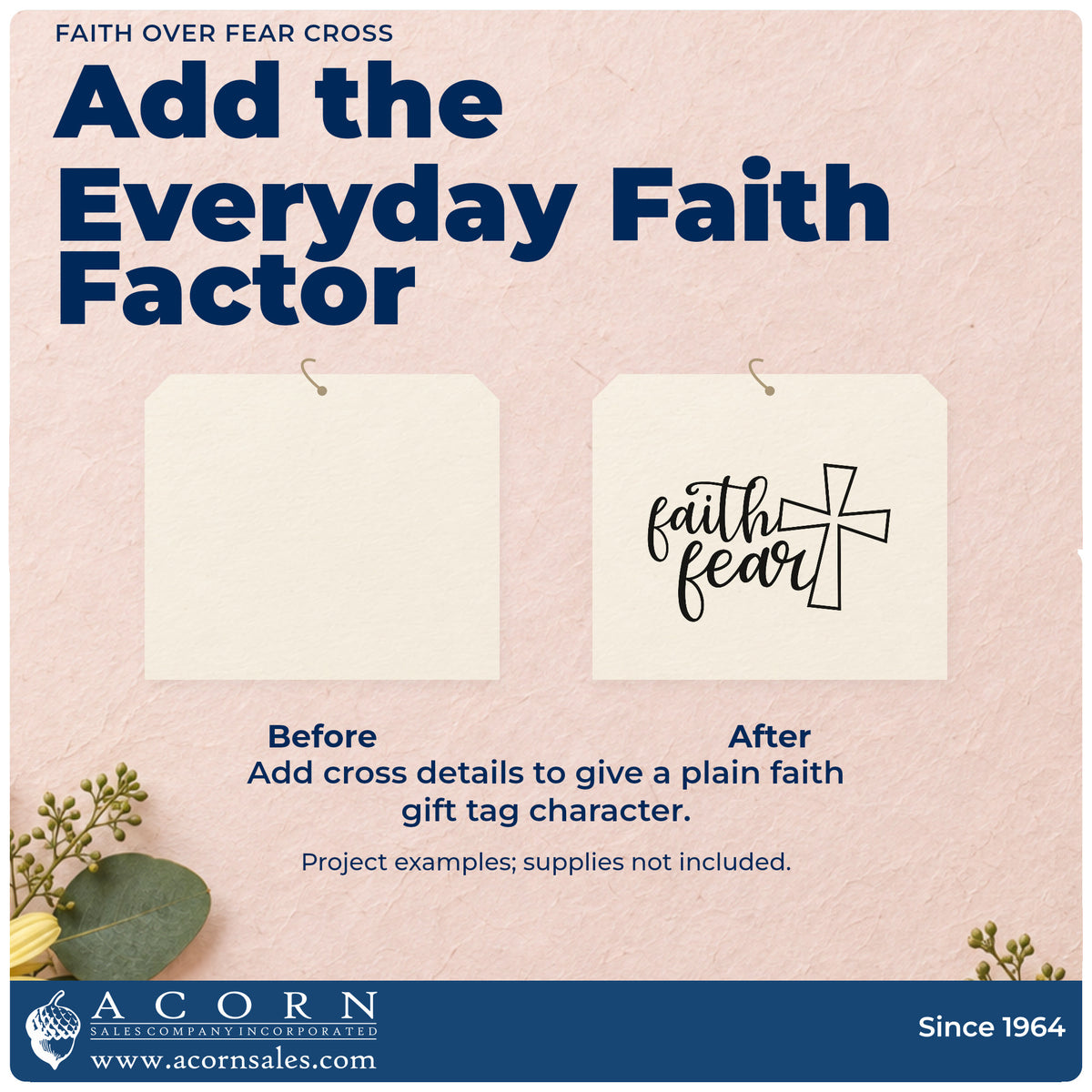 Before and after of a plain item finished with the Faith Over Fear Cross Premium Wood-Mounted Stamp - Vintage Pro, a quick upgrade for framed wall art.