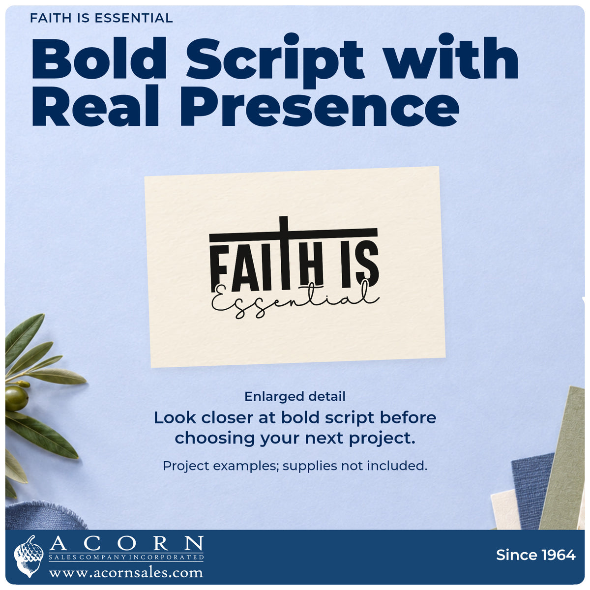Enlarged detail of the Faith Is Essential Script Lettering Stamp – Slim Pre-Inked imprint. Bold "Faith is" lettering sits beneath a crossbar, with "Essential" in flowing script below.