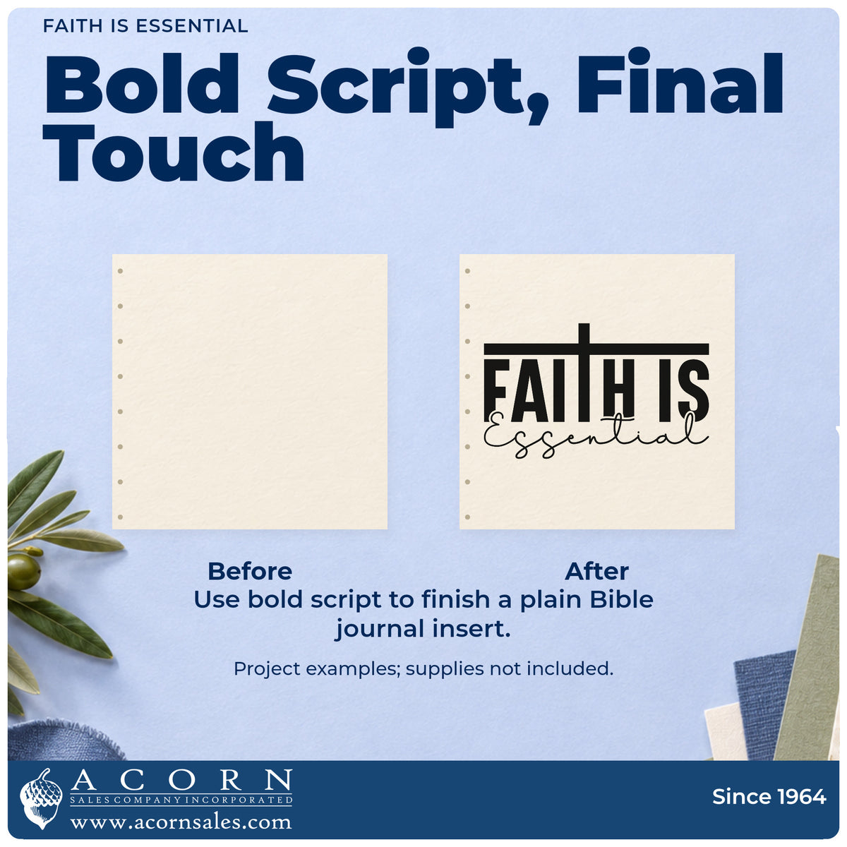 Before and after of a plain item finished with the Faith Is Essential Script Lettering Rubber Stamp – Wood Handle, a quick upgrade for kraft gift bags.