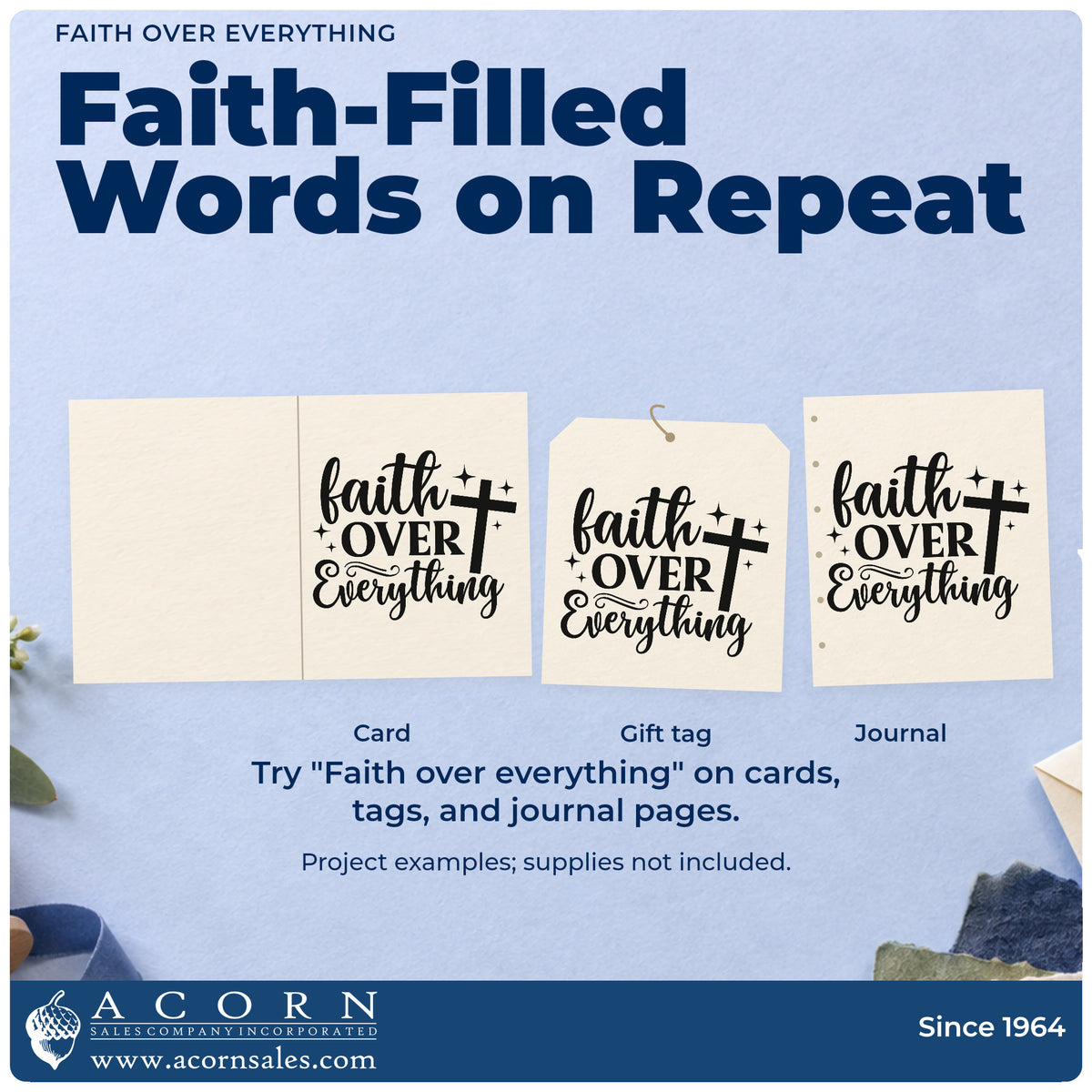 Three project examples made with the Faith Over Everything Premium Wooden Stamp - Vintage Pro, including scrapbook title pages.