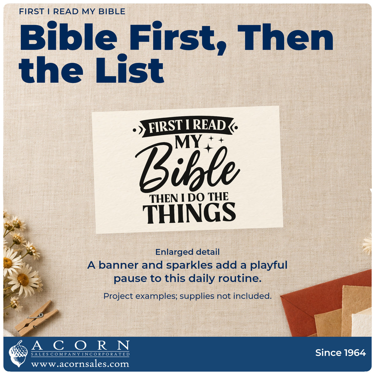 Enlarged detail of the First I Read My Bible Rubber Stamp – Wood Handle imprint. A small banner and sparkles accent "First I read my Bible, then I do the things."