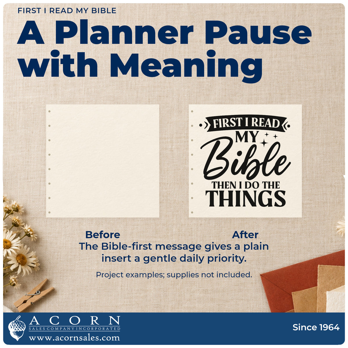 Before and after of a plain item finished with the First I Read My Bible Pre-Inked Stamp – Slim, a quick upgrade for women's retreat favors.