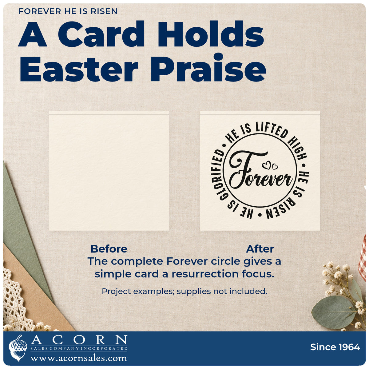 Before and after of a plain item finished with the Forever He Is Risen Stamp – Wood Handle, a quick upgrade for choir folder covers.