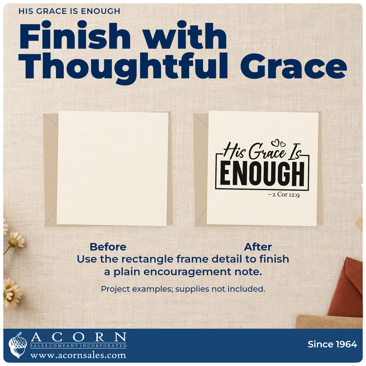 Before and after of a plain item finished with the His Grace Is Enough Pre-Inked Stamp – PSI, a quick upgrade for framed bedside art.