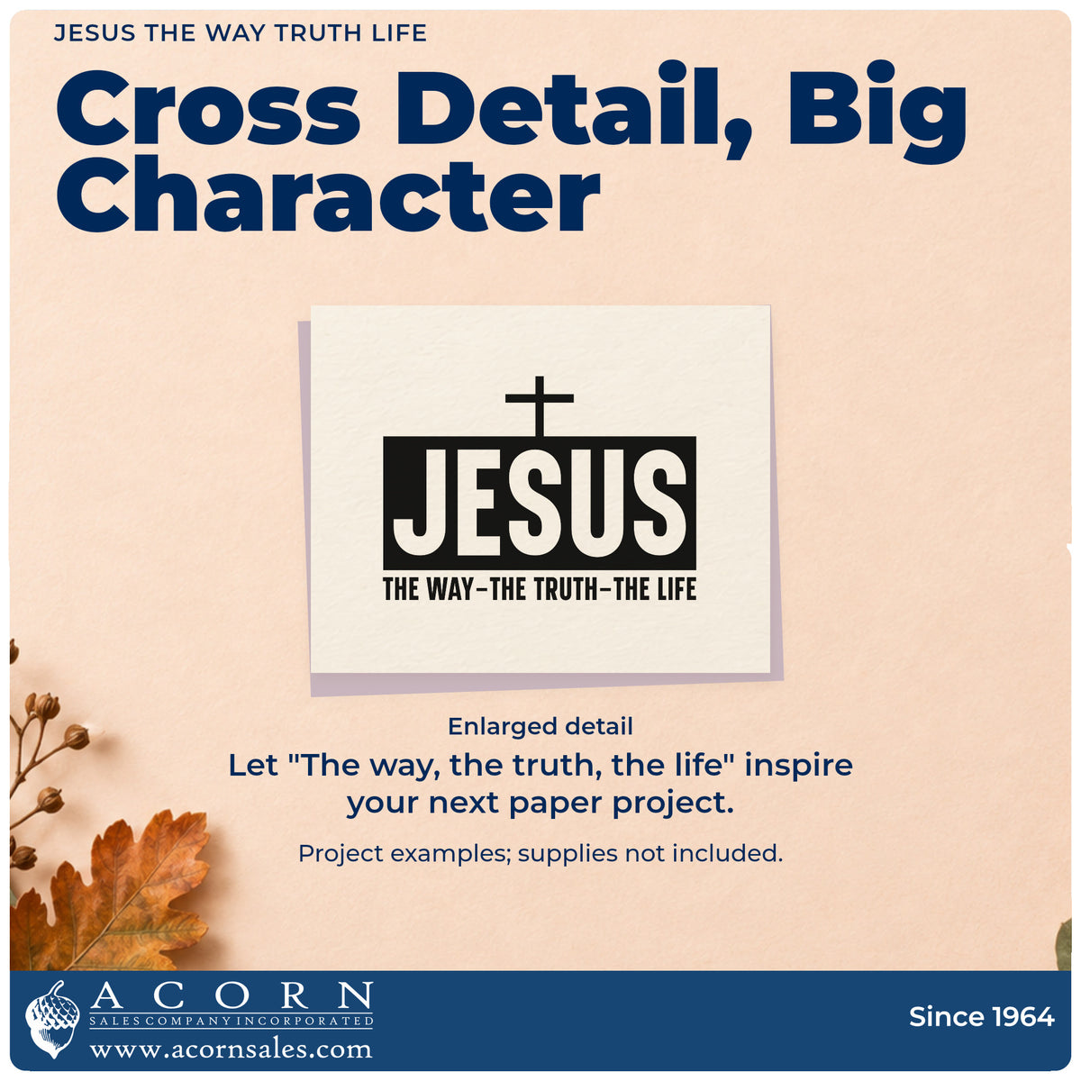 Enlarged detail of the Jesus The Way Truth Life Pre-Inked Stamp – PSI imprint. White "Jesus" lettering fills a dark rectangle beneath a cross, with "The way, the truth, the life" below.