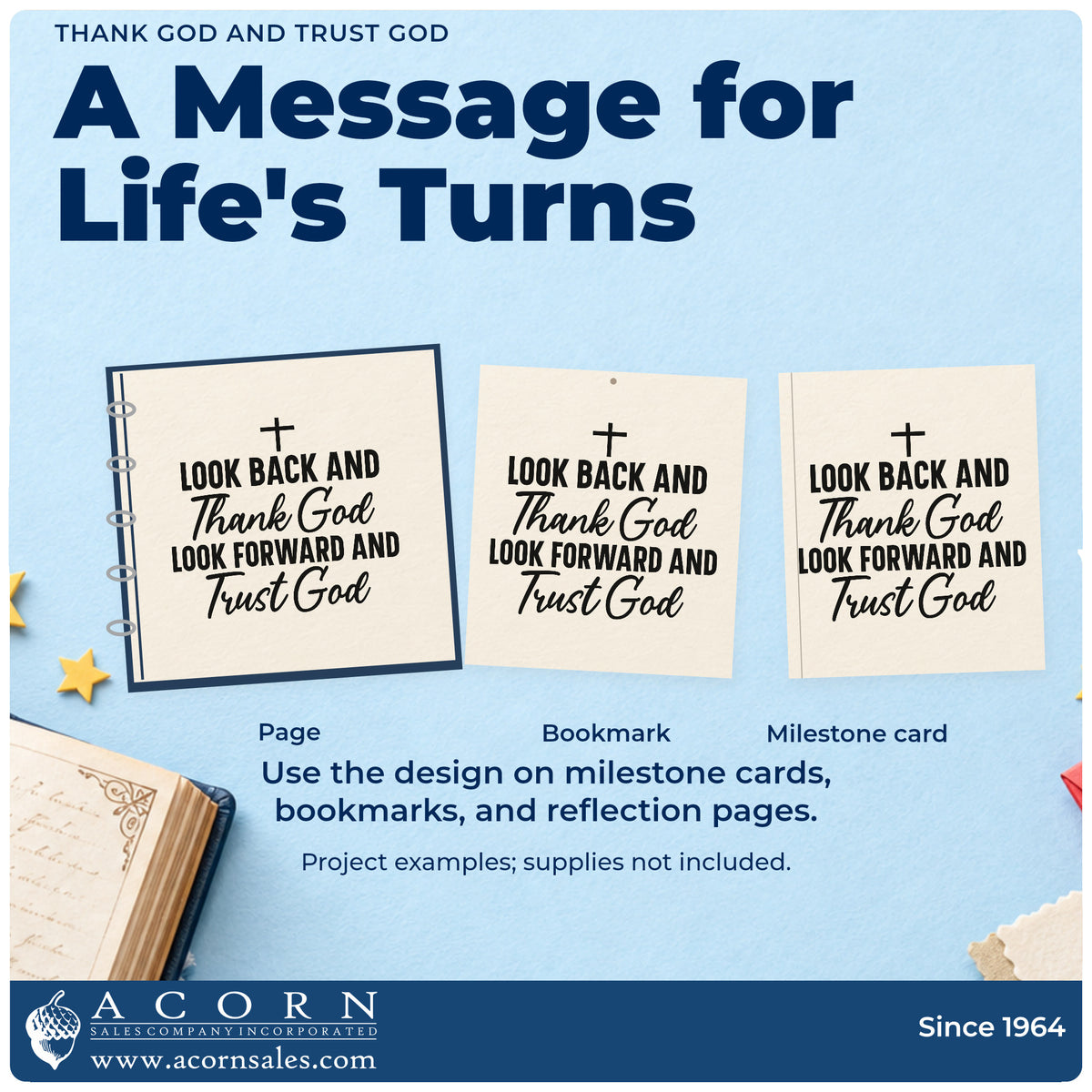 Three project examples made with the Thank God And Trust God Stamp – Slim Pre-Inked, including marriage milestones.