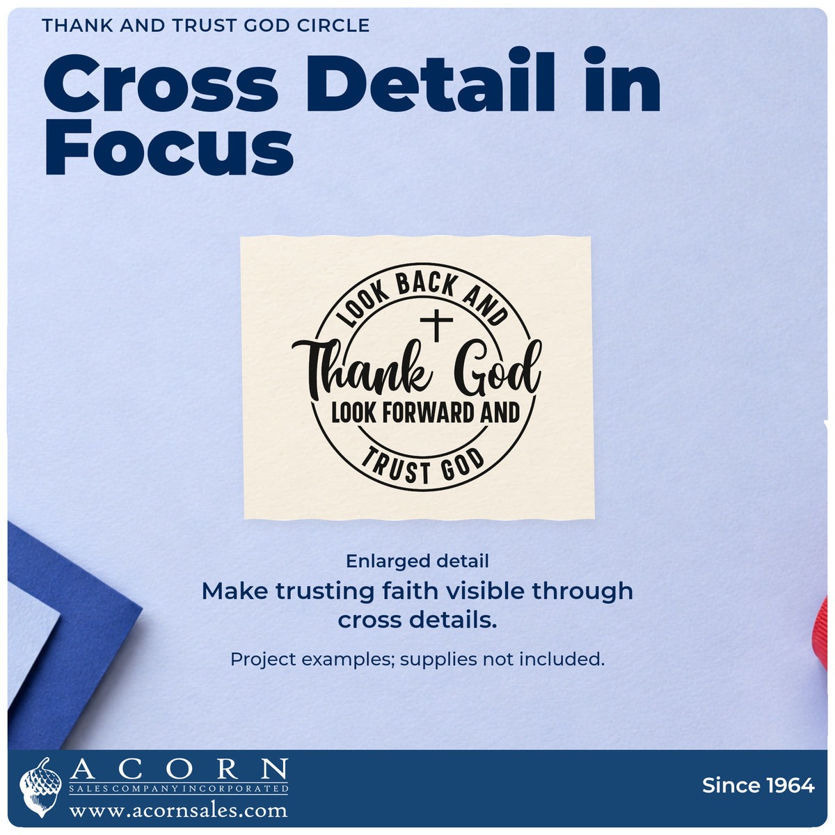 Enlarged detail of the Look Back And Thank God, Look Forward And Trust God Premium Wooden Stamp - Vintage Pro imprint. A round outline and small cross frame "Look back and thank God, look forward and trust God."
