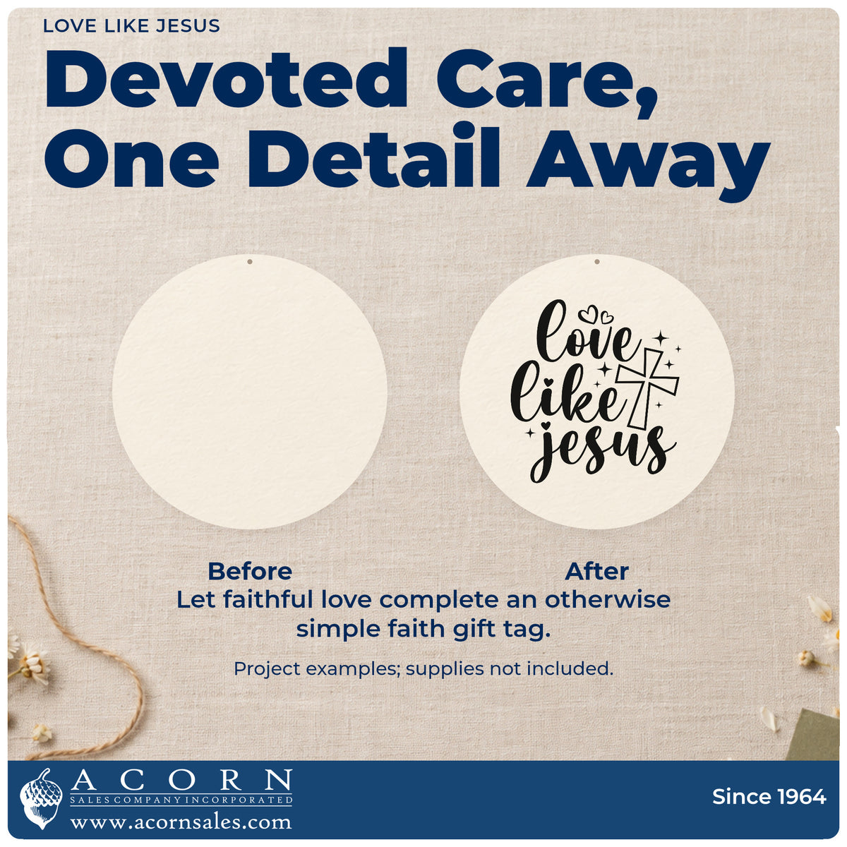 Before and after of a plain item finished with the Love Like Jesus Outlined Cross Rubber Stamp – Wood Handle, a quick upgrade for canvas totes.