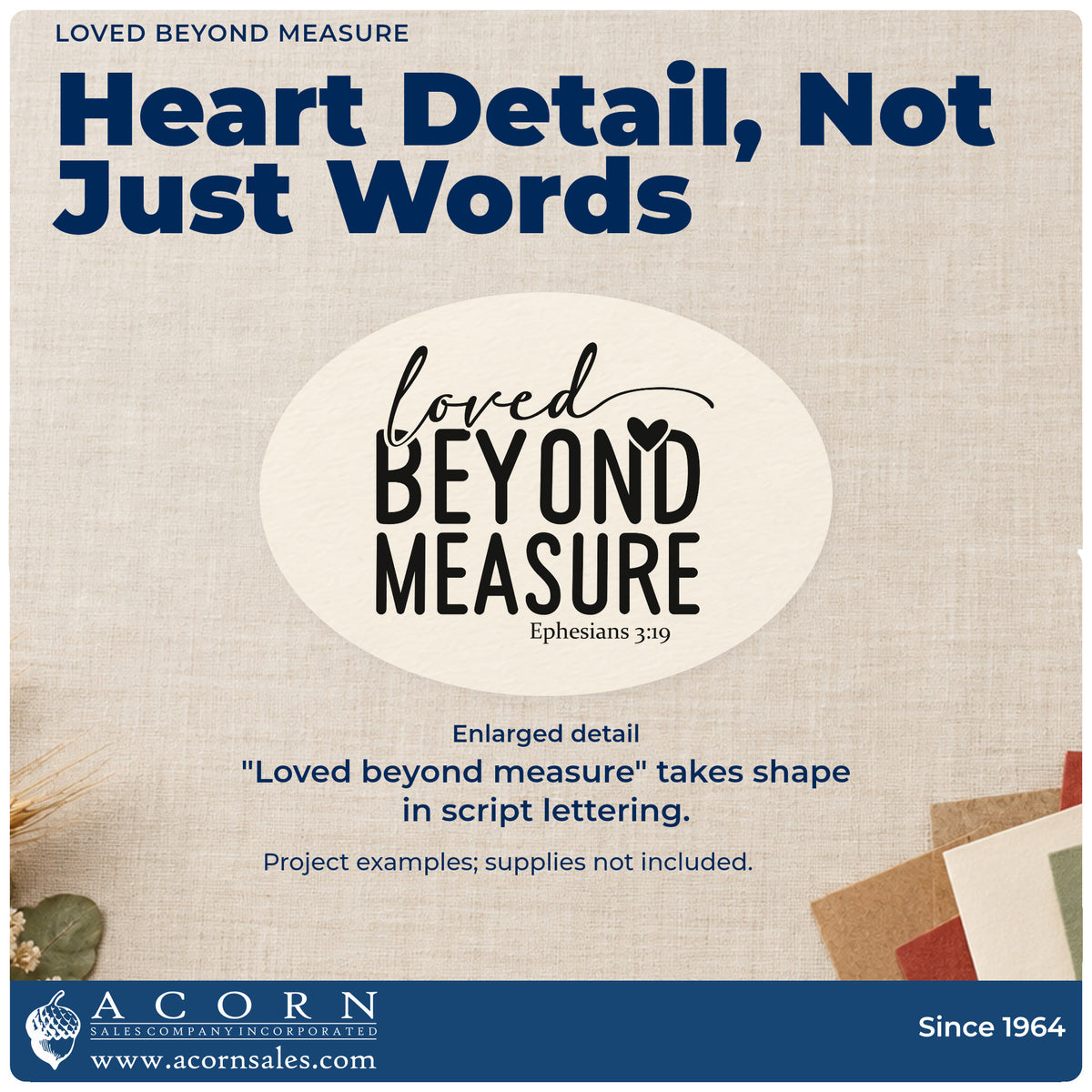 Enlarged detail of the Loved Beyond Measure Stamp – Wood Handle imprint. Script and tall block lettering reads "Loved beyond measure," with a heart and Ephesians 3:19.