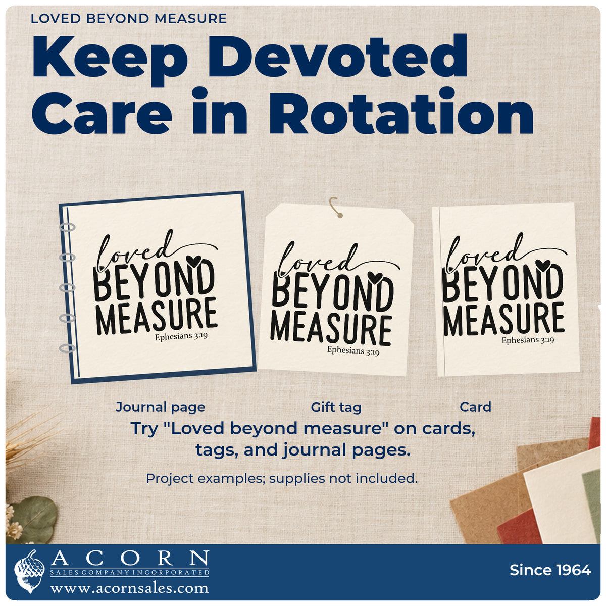 Three project examples made with the Loved Beyond Measure Stamp – Wood Handle, including scrapbook baby pages.