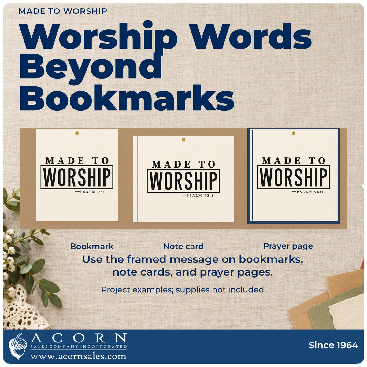 Three project examples made with the Made To Worship Frame Accent Rubber Stamp – Wood Handle, including scrapbook concert pages.