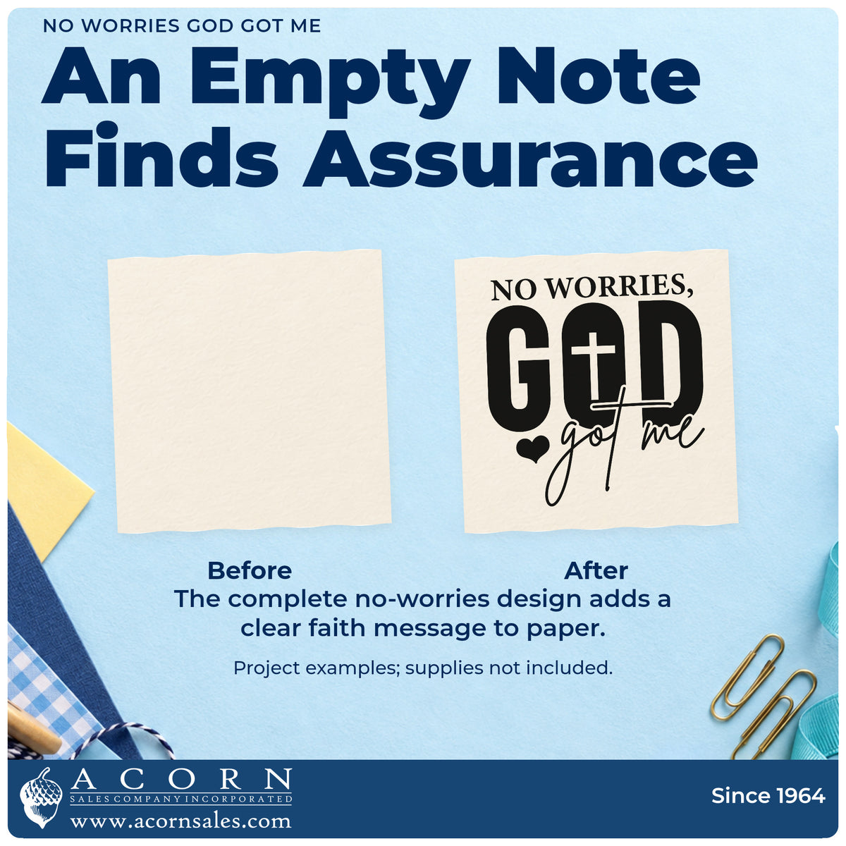 Before and after of a plain item finished with the No Worries God Got Me With Cross Pre-Inked Stamp – Slim, a quick upgrade for tee transfers.