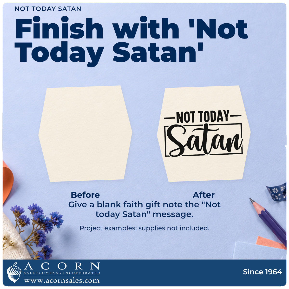 Before and after of a plain item finished with the Wood Handle Not Today Satan Frame Accent Rubber Stamp, a quick upgrade for coffee mug gift tags.