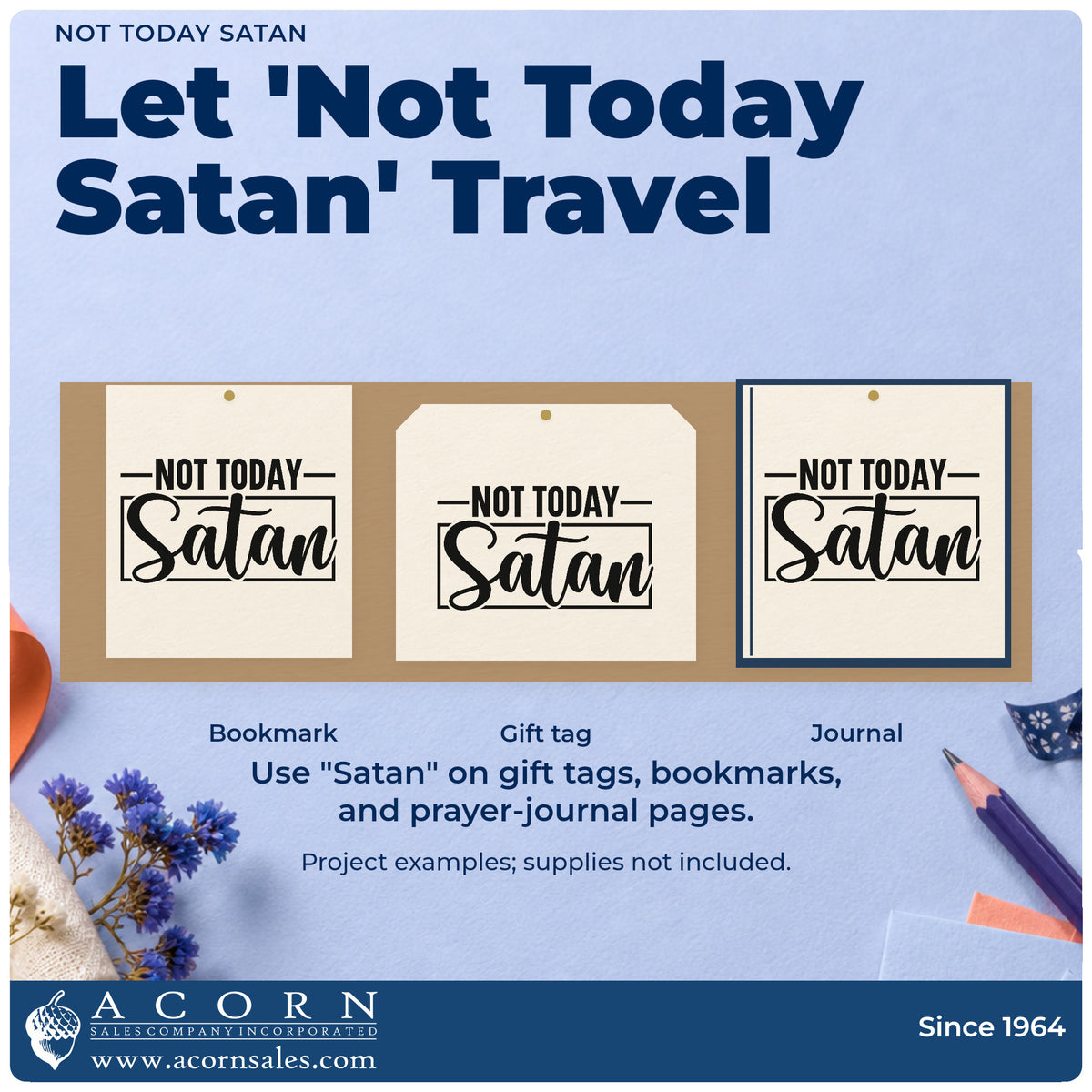 Three project examples made with the Not Today Satan Frame Accent Premium Wooden Stamp - Vintage Pro, including gym bag tags.