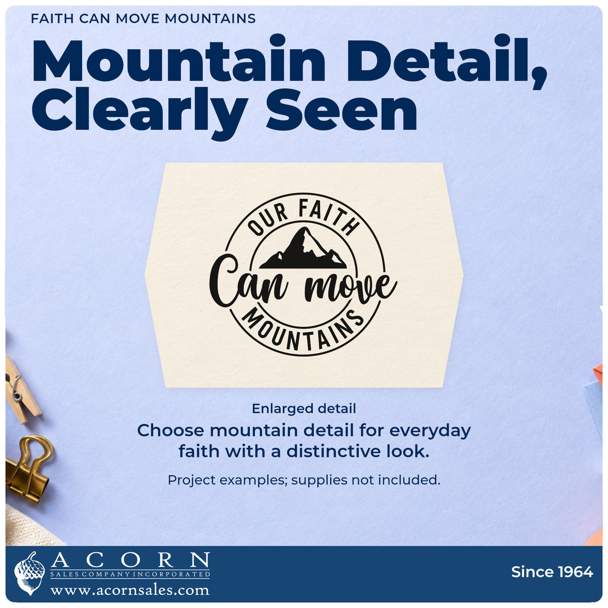 Enlarged detail of the Our Faith Can Move Mountains Premium Wooden Stamp - Vintage Pro imprint. A mountain silhouette sits inside a circular "Our faith can move mountains" design.