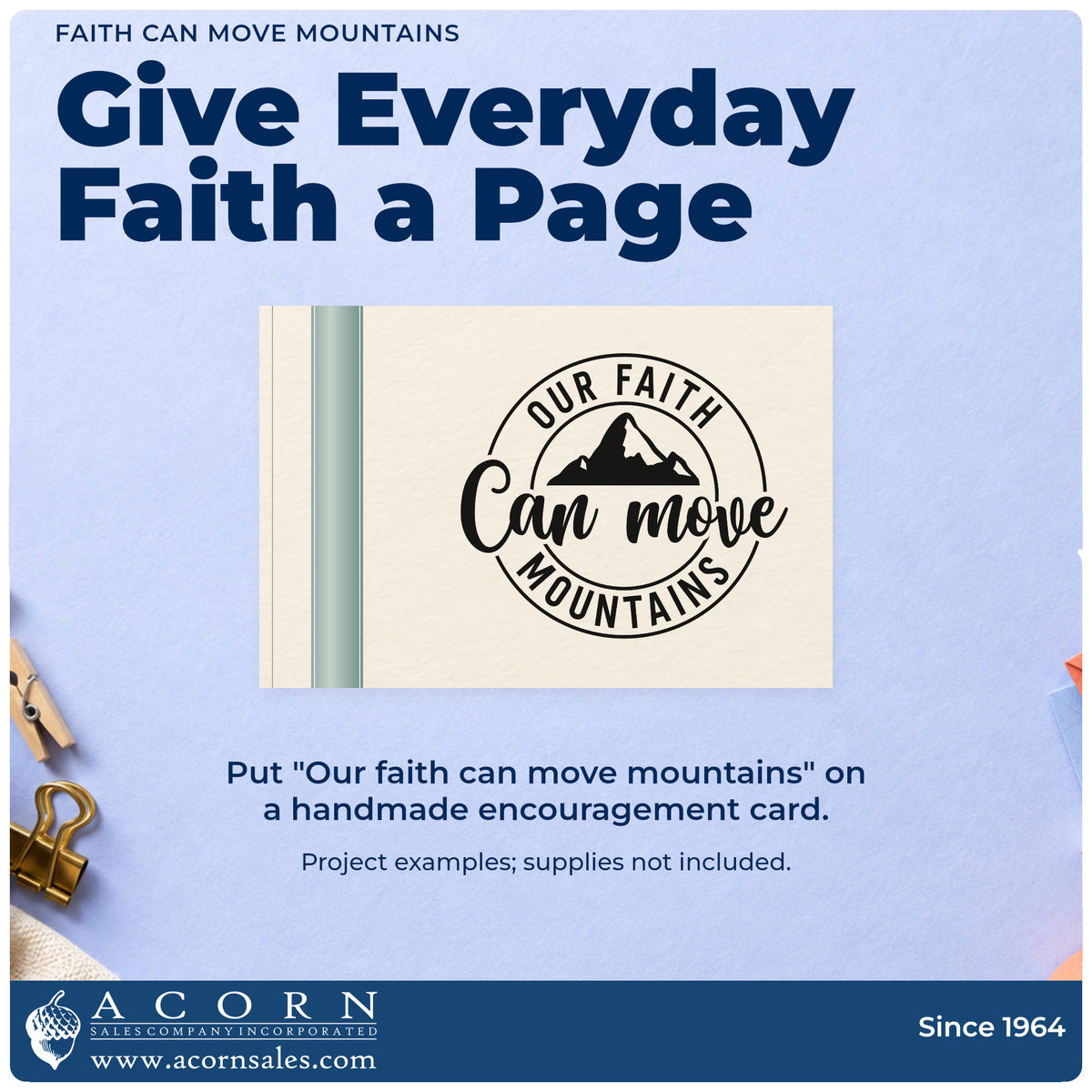 A finished handmade project stamped with the Our Faith Can Move Mountains Wood Handle Stamp, ideal for hiking trip gifts.