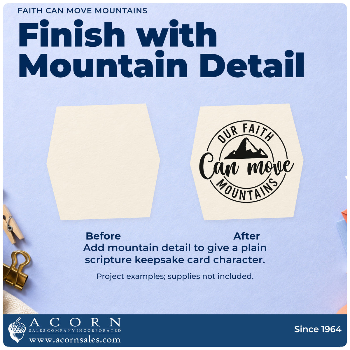 Before and after of a plain item finished with the Our Faith Can Move Mountains Premium Wooden Stamp - Vintage Pro, a quick upgrade for water bottle labels.