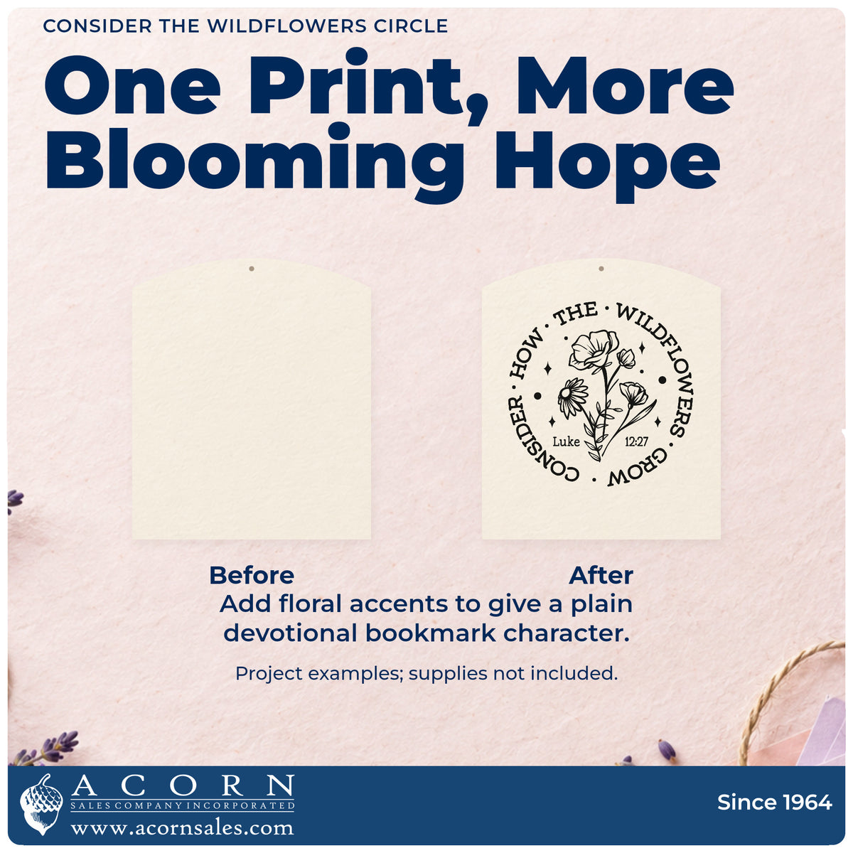 Before and after of a plain item finished with the Consider The Wildflowers Circle Hand Stamp – Duo, a quick upgrade for canvas totes.