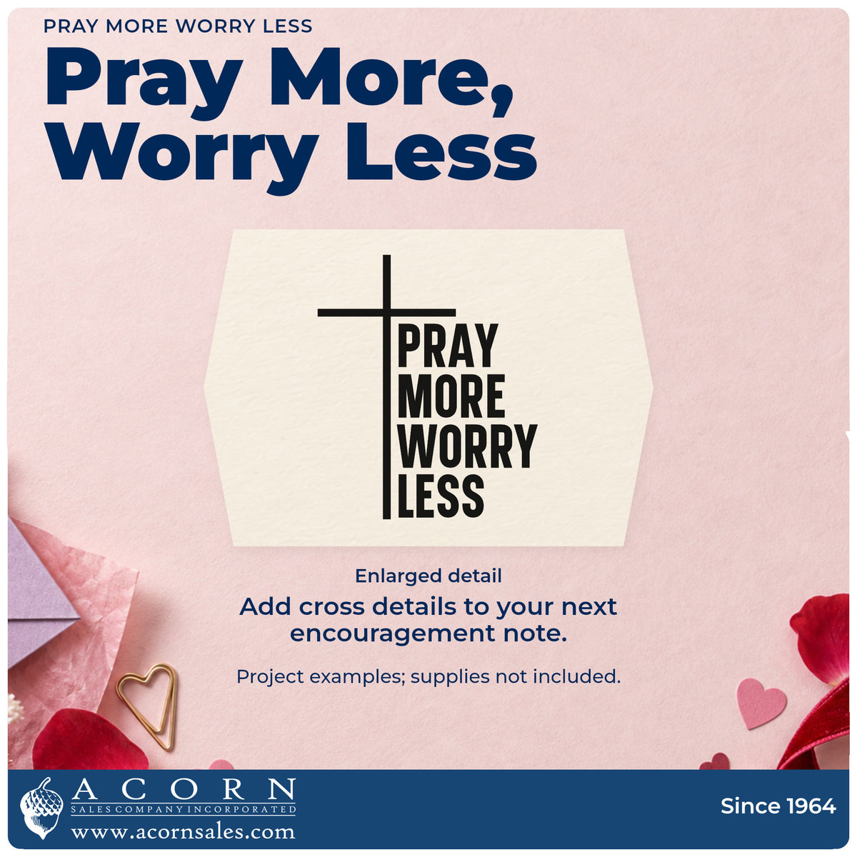 Enlarged detail of the Premium Wooden Pray More, Worry Less With Cross Stamp - Vintage Pro imprint. A tall cross stands beside stacked bold lettering reading "Pray more, worry less."