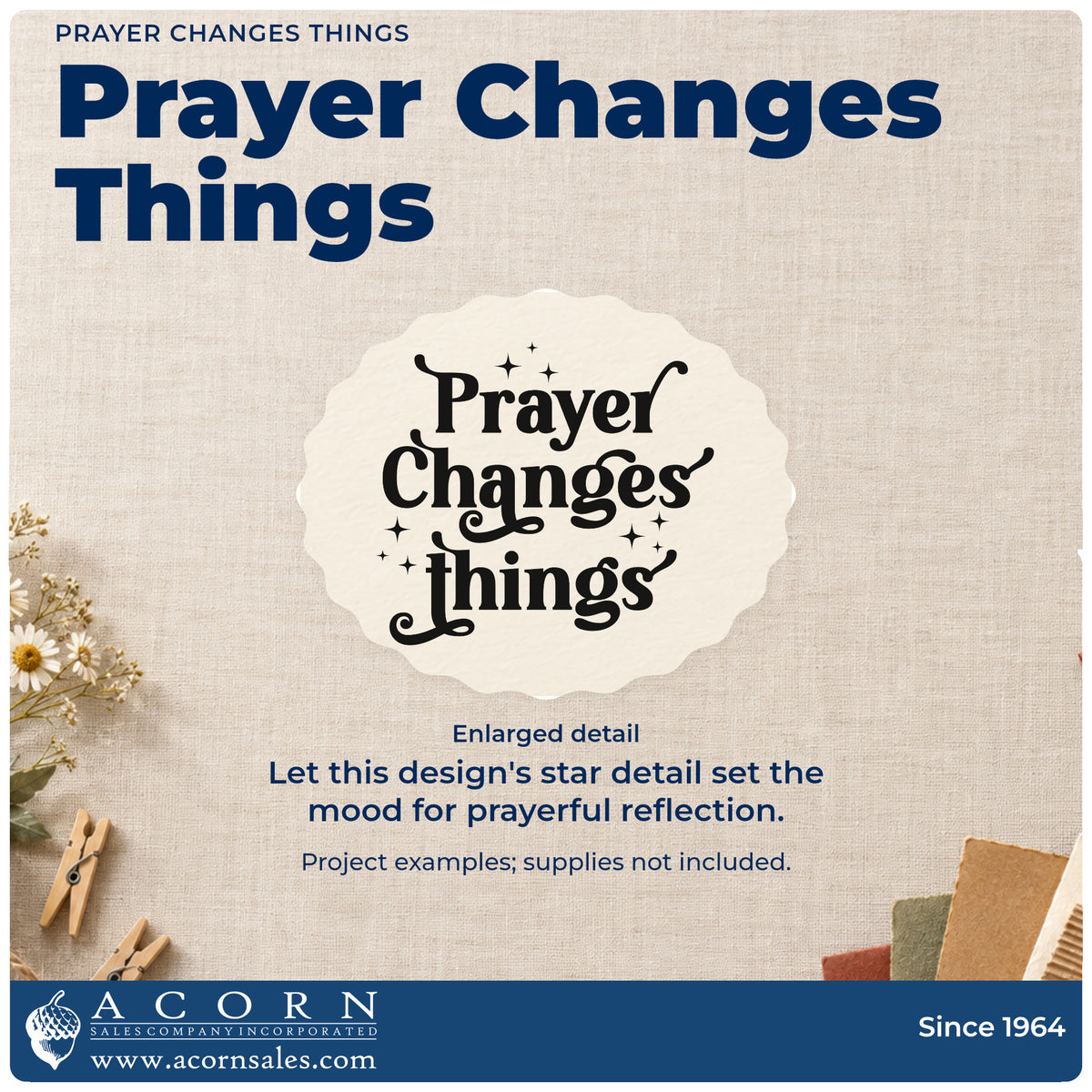 Enlarged detail of the Prayer Changes Things Wood Handle Stamp imprint. Decorative serif lettering reads "Prayer changes things," surrounded by small sparkles.