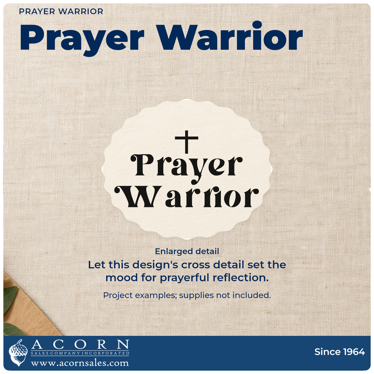 Enlarged detail of the Prayer Warrior With Cross Wood-Mounted Rubber Stamp imprint. A small cross tops two lines of bold decorative lettering reading "Prayer warrior."