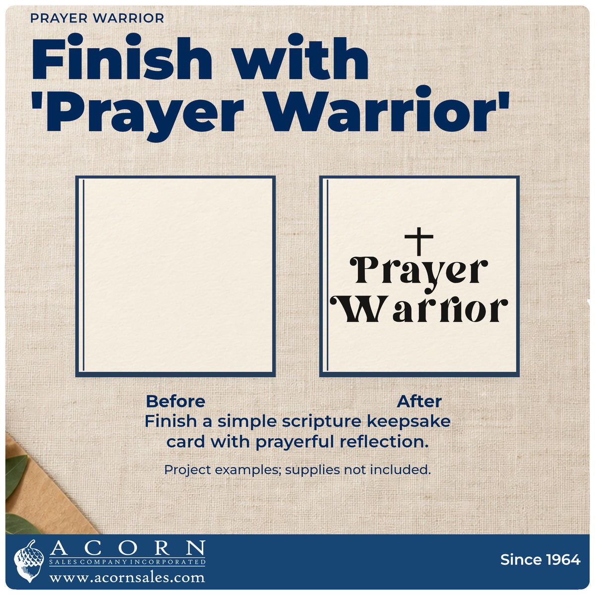 Before and after of a plain item finished with the Prayer Warrior With Cross PSI Pre-Inked Stamp, a quick upgrade for canvas totes.
