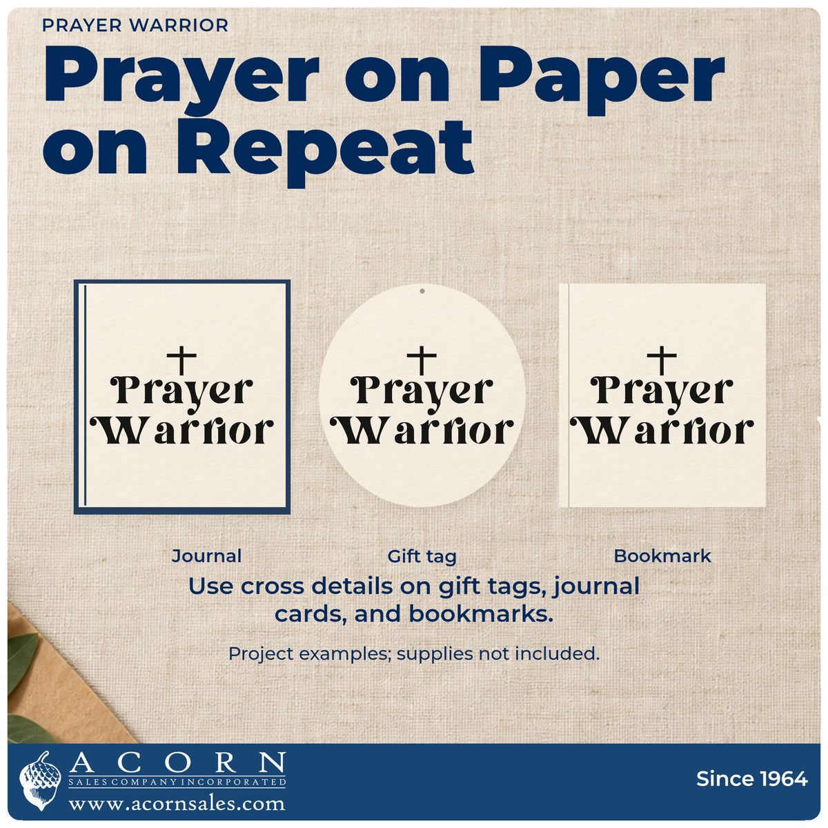 Three project examples made with the Prayer Warrior With Cross Wood-Mounted Rubber Stamp, including intercessor notes.