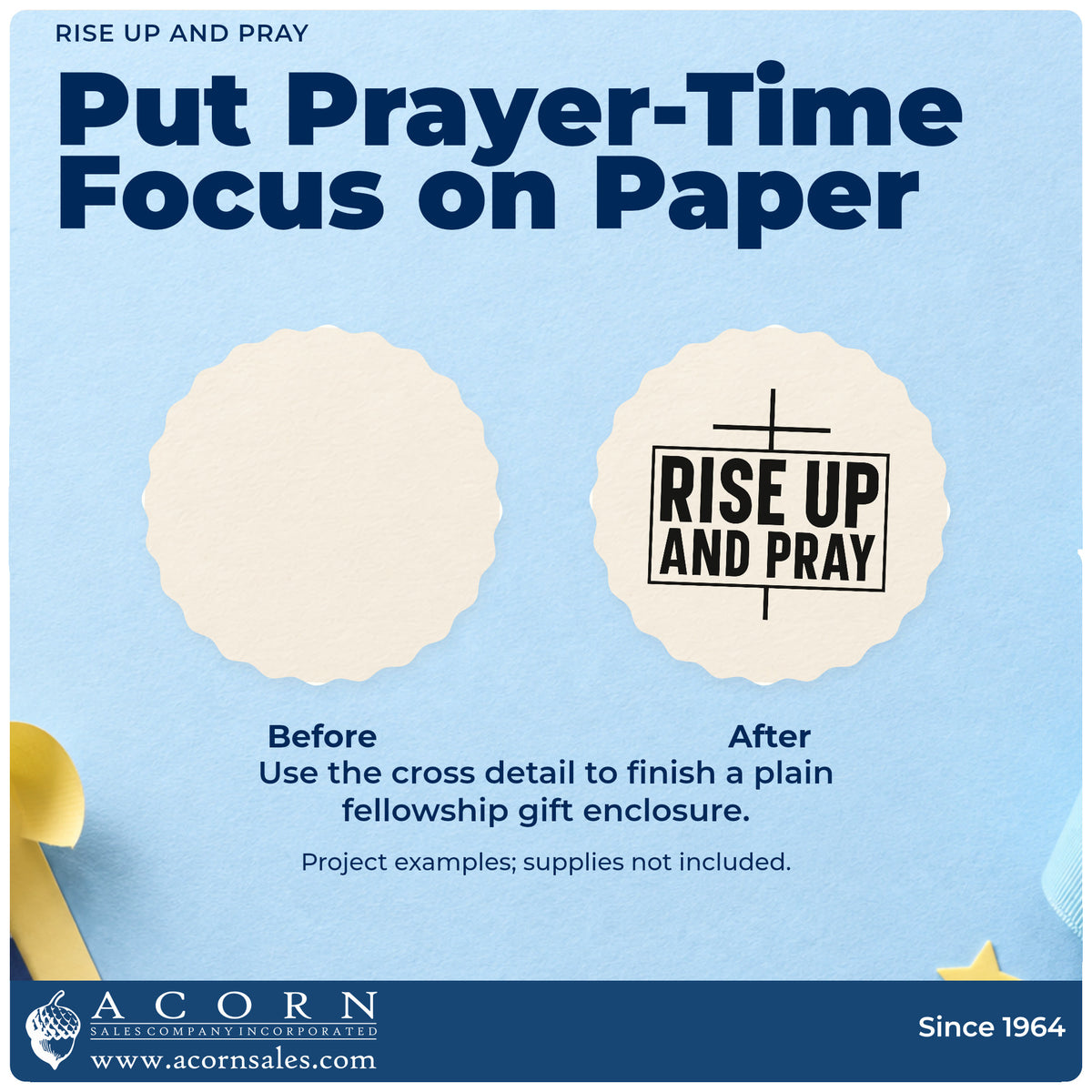 Before and after of a plain item finished with the Wood Handle Rise Up And Pray With Cross Rubber Stamp, a quick upgrade for poster board signs.