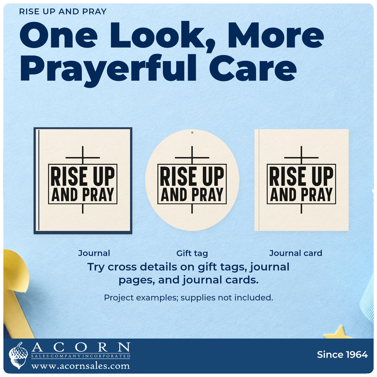Three project examples made with the Wood Handle Rise Up And Pray With Cross Rubber Stamp, including scrapbook event pages.