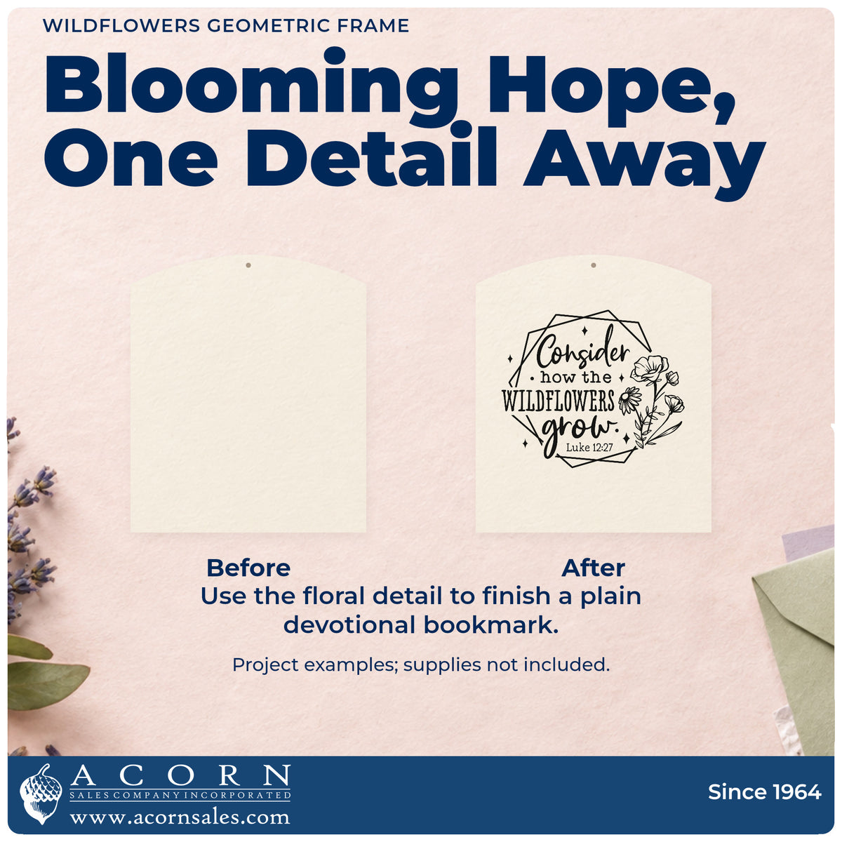 Before and after of a plain item finished with the Wildflowers Geometric Frame Premium Wooden Stamp - Vintage Pro, a quick upgrade for plant pot labels.