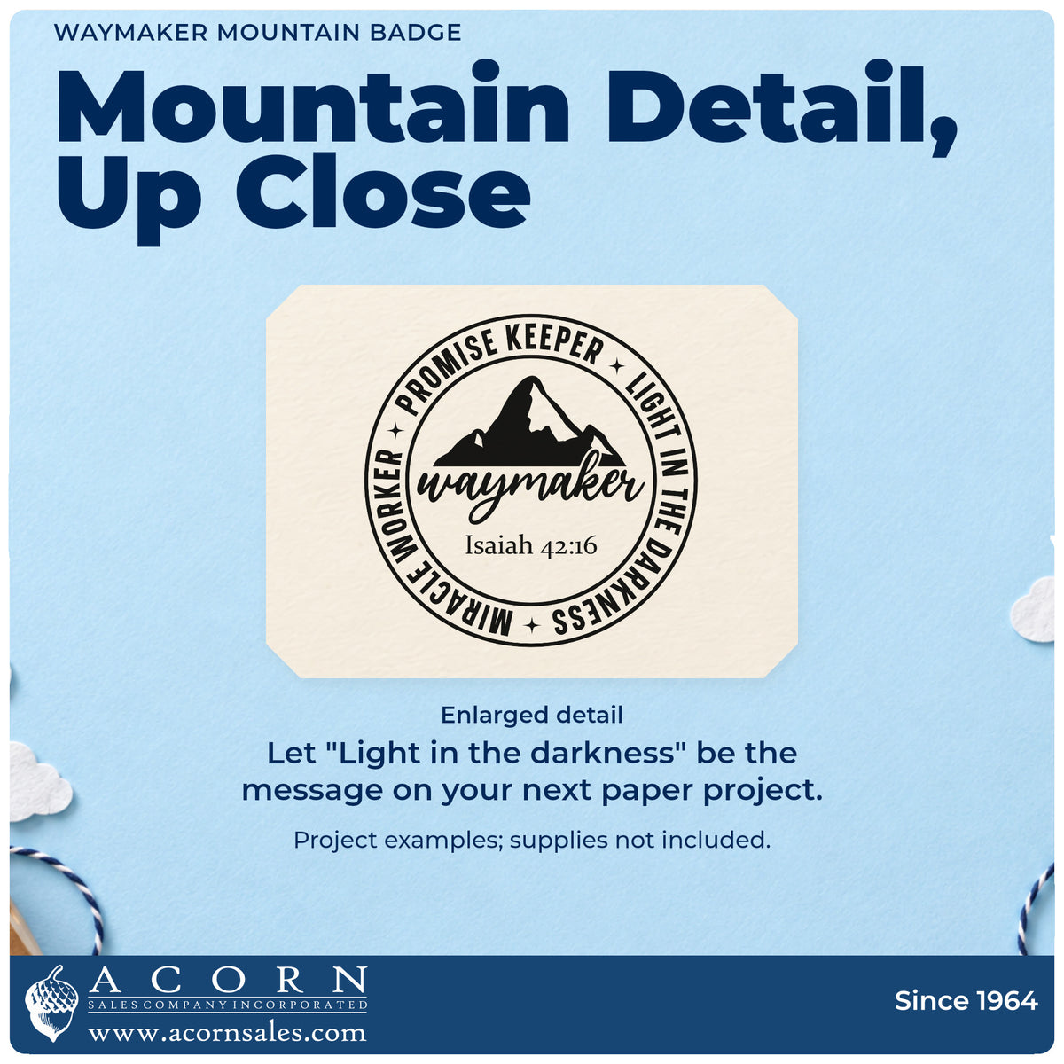Enlarged detail of the Vintage Pro Waymaker Mountain Badge Premium Wooden Stamp imprint. A mountain sits inside a "Waymaker" badge with Isaiah 42:16, bordered by "Promise keeper," "Light in the darkness," and "Miracle worker."
