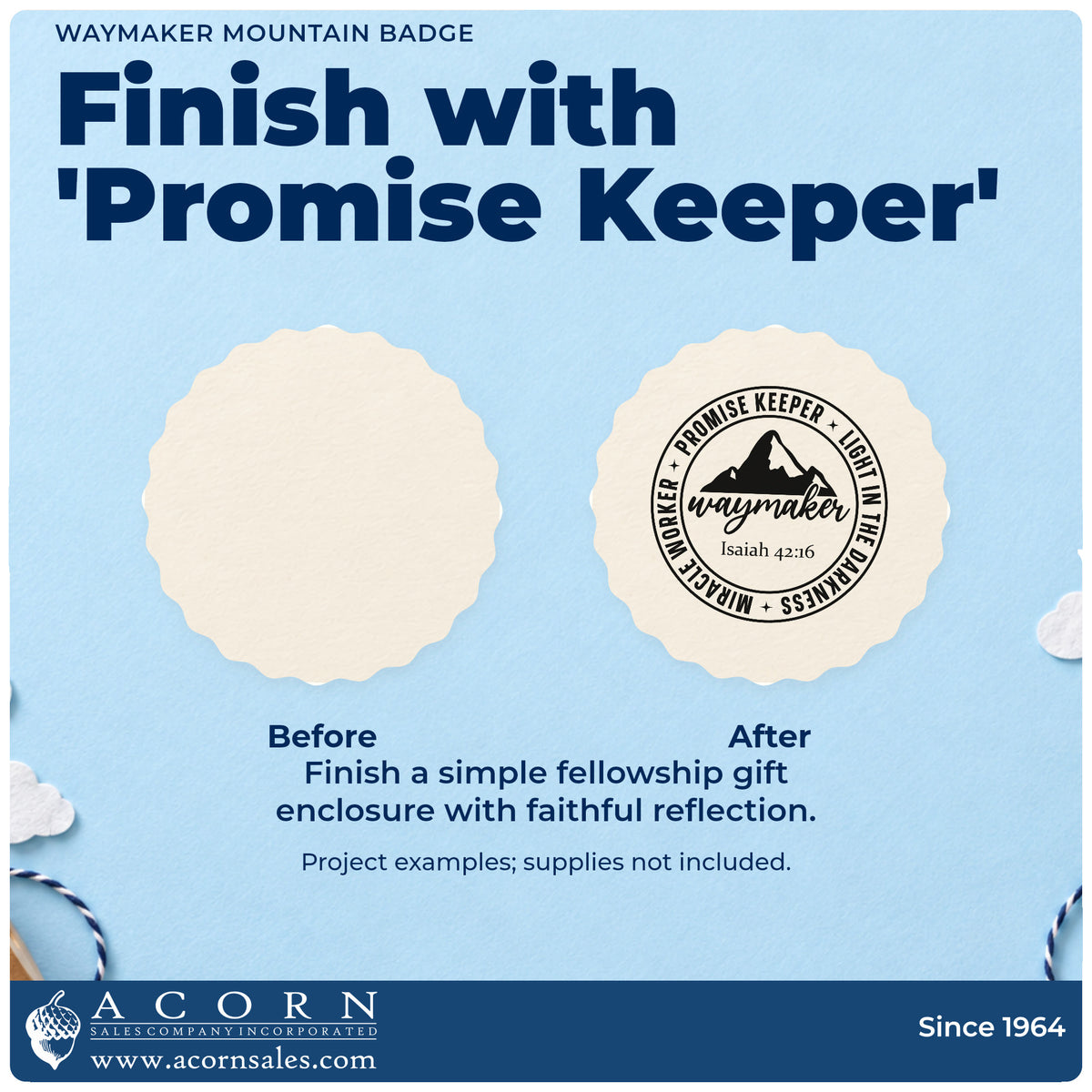 Before and after of a plain item finished with the Waymaker Mountain Badge Compact Pre-Inked Stamp – Slim, a quick upgrade for music binder covers.