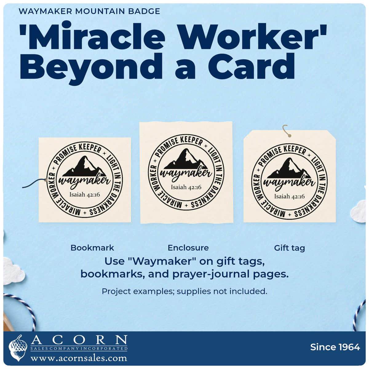 Three project examples made with the Vintage Pro Waymaker Mountain Badge Premium Wooden Stamp, including scrapbook praise pages.