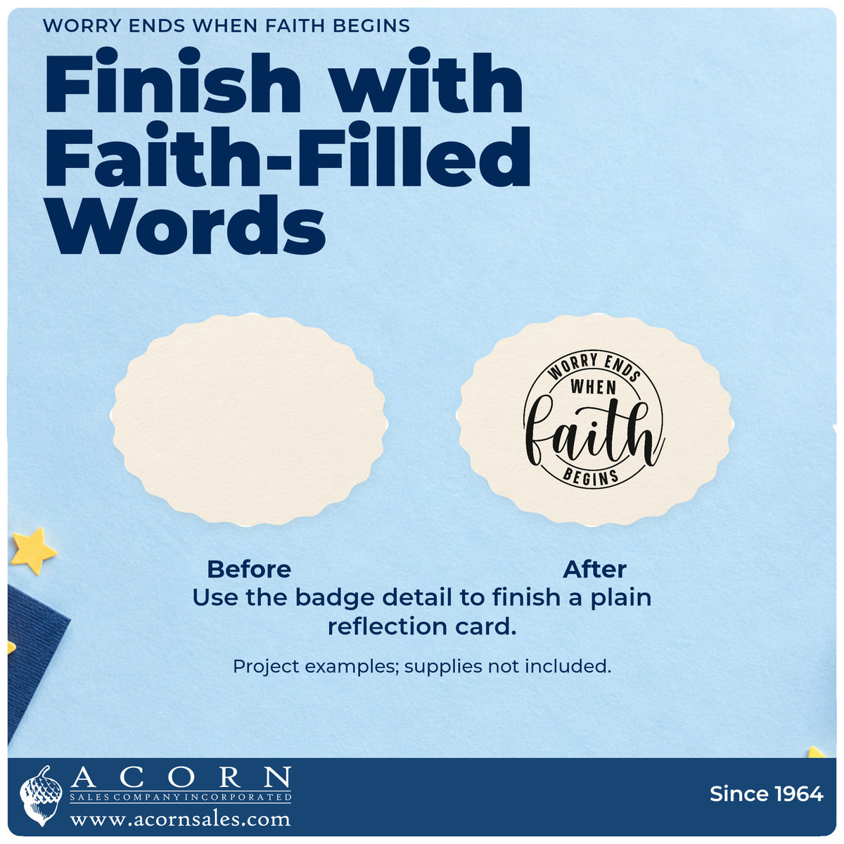 Before and after of a plain item finished with the Worry Ends When Faith Begins Circular Layout Premium Wooden Stamp - Vintage Pro, a quick upgrade for round label seals.