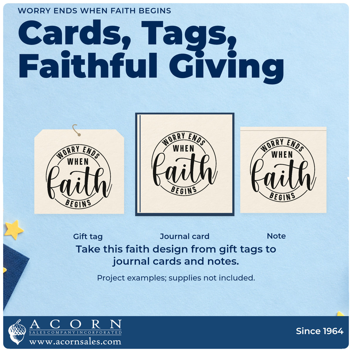 Three project examples made with the Worry Ends When Faith Begins Circular Layout Rubber Stamp – Wood Handle, including scrapbook calm pages.