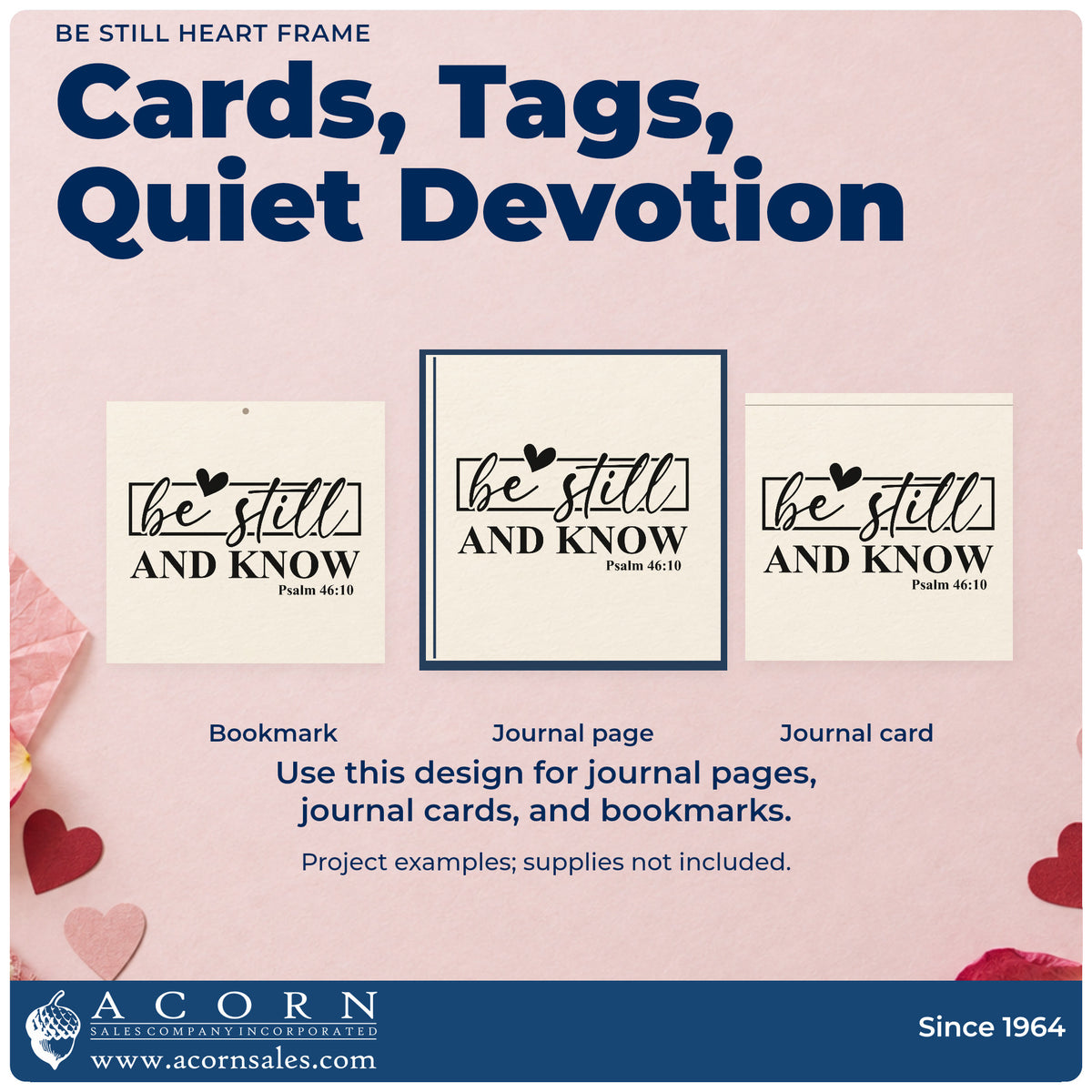 Three project examples made with the Be Still Heart Frame Self-Inking Stamp, including scrapbook retreat pages.