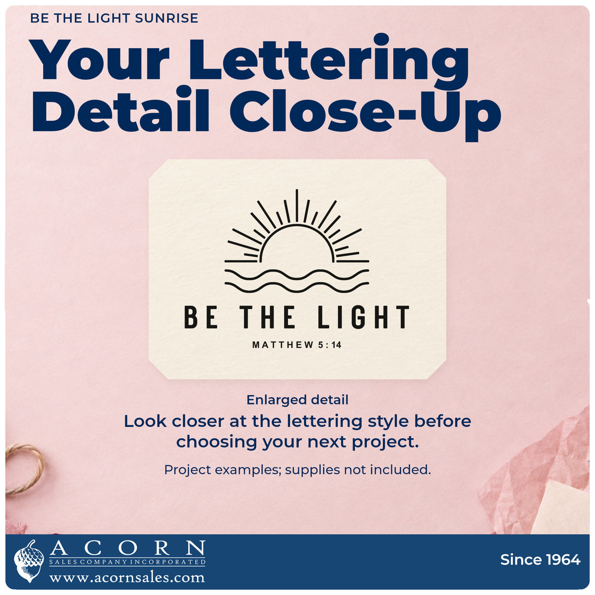 Enlarged detail of the Self-Inking Be The Light Sunrise Stamp imprint. A sun rising over wavy lines appears above "Be the light" and Matthew 5:14.