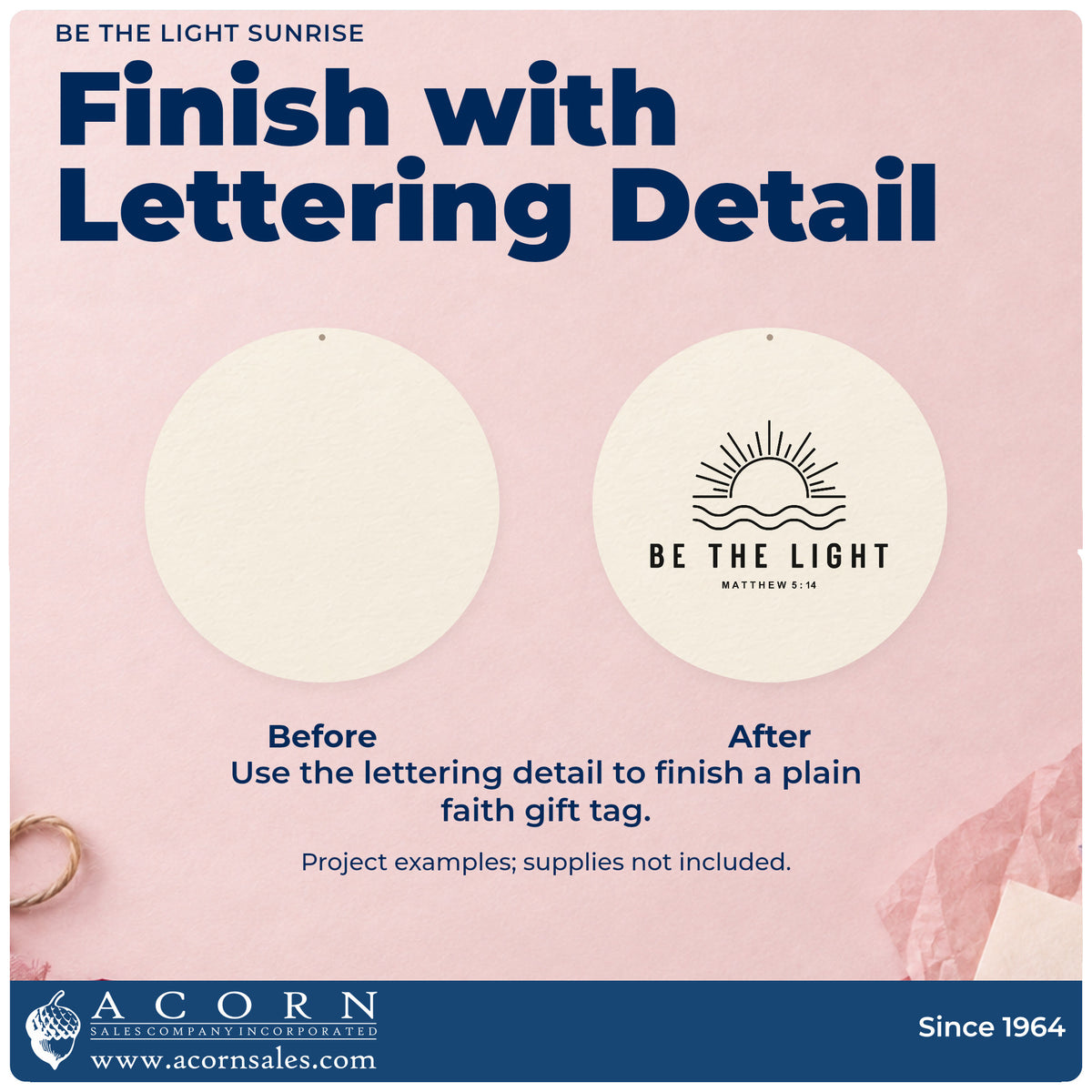Before and after of a plain item finished with the Be The Light Sunrise Rubber Stamp – Wood Handle, a quick upgrade for nurse appreciation.