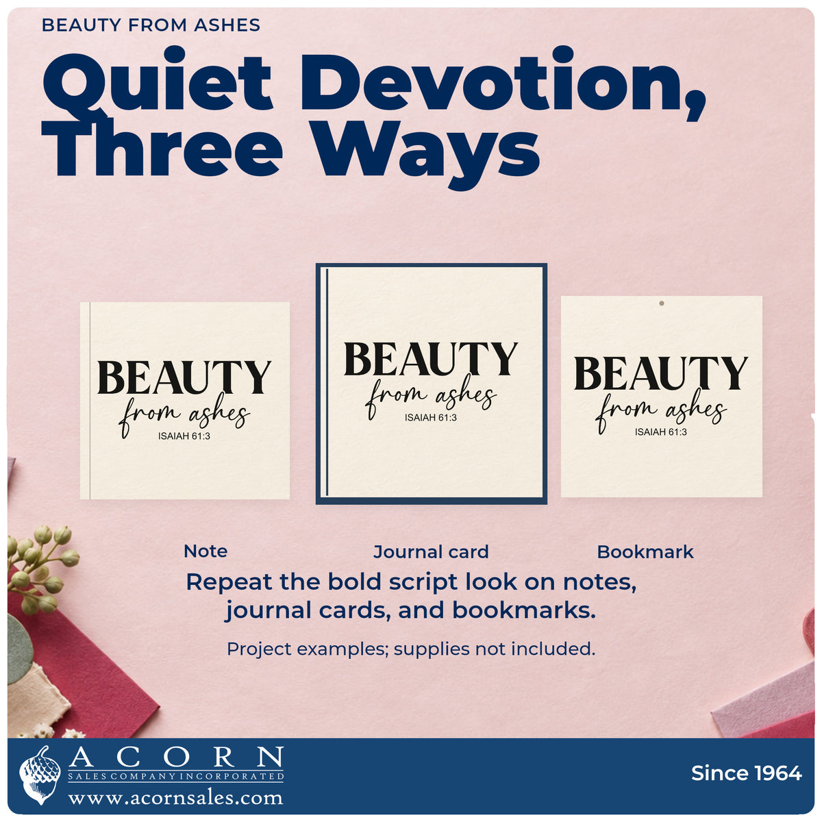 Three project examples made with the Beauty From Ashes Script Lettering Rubber Stamp – Duo Hand, including scrapbook renewal pages.