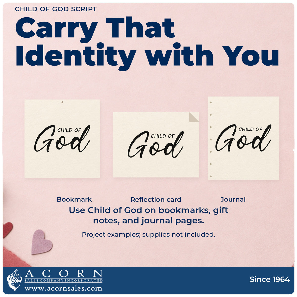 Three project examples made with the Child Of God Script Wood Handle Stamp, including scrapbook newborn pages.
