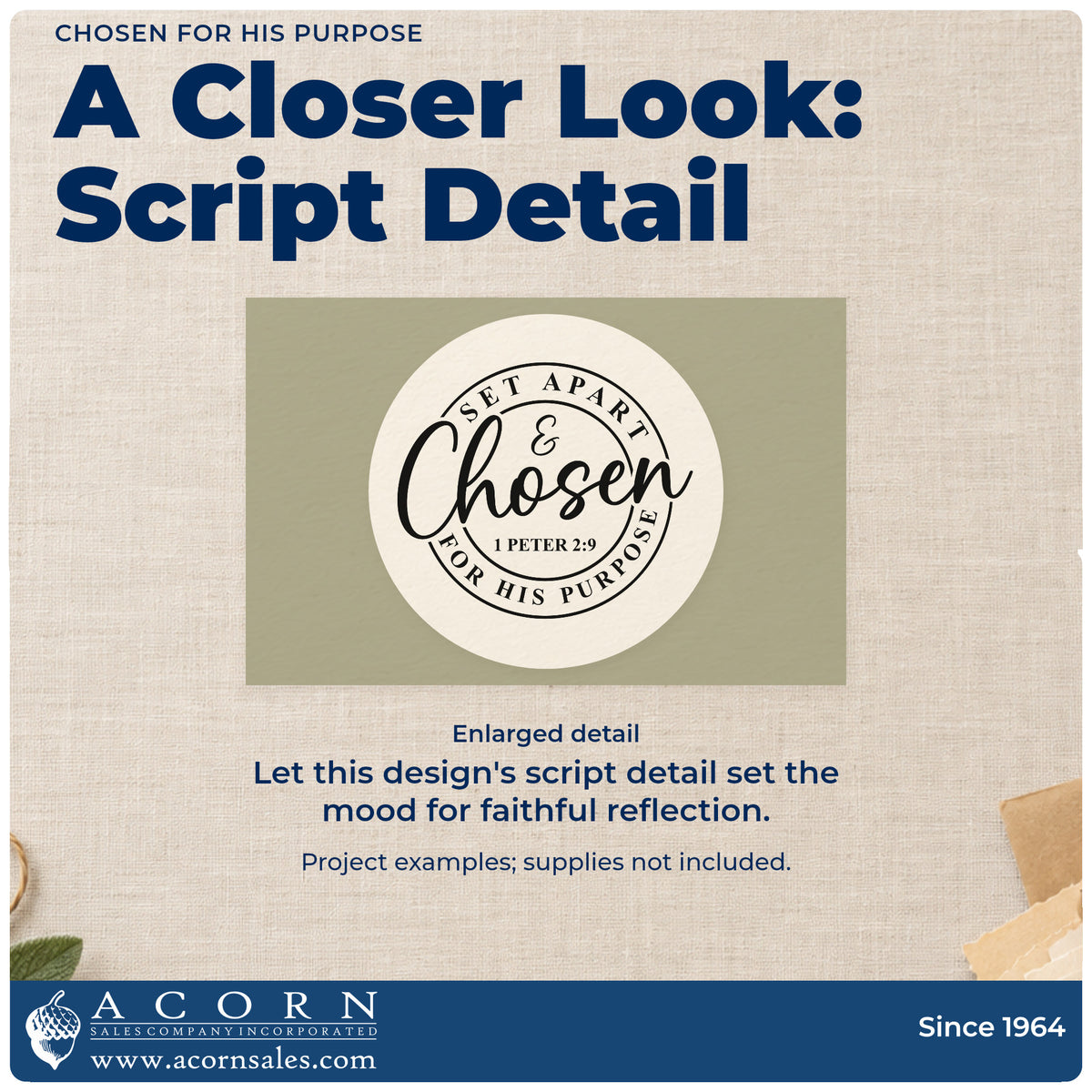 Enlarged detail of the Chosen For His Purpose Circle Stamp – Wood Handle imprint. A circular "Set Apart for His Purpose" border surrounds an ampersand, "Chosen" script, and 1 Peter 2:9.