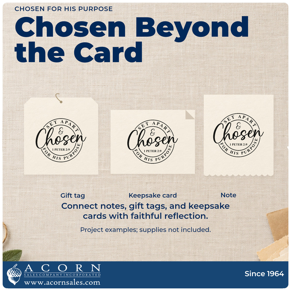 Three project examples made with the Chosen For His Purpose Circle Rubber Stamp – Duo Hand, including scrapbook calling pages.