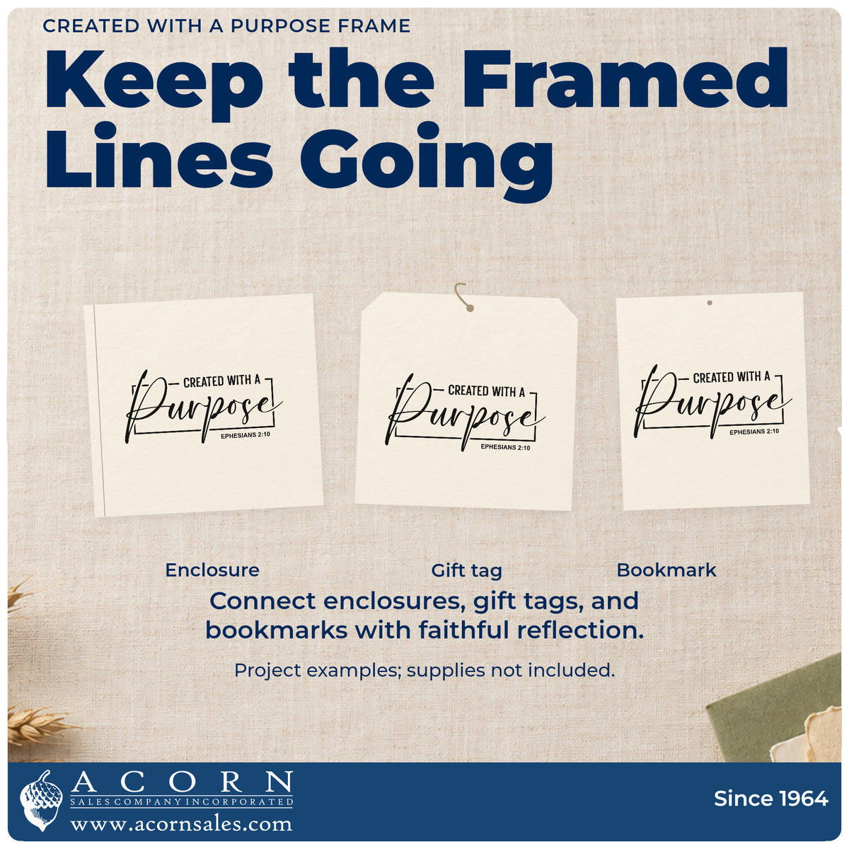 Three project examples made with the Created With A Purpose Framed Lettering Wood-Mounted Rubber Stamp, including handmade project pages.