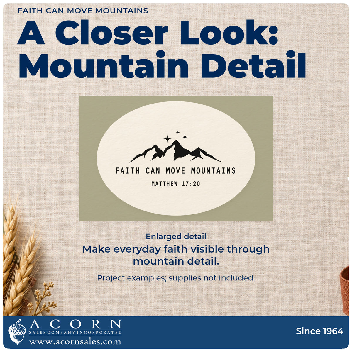 Enlarged detail of the Faith Can Move Mountains Pre-Inked Stamp – PSI imprint. A mountain silhouette and sparkles sit above "Faith can move mountains" and Matthew 17:20.