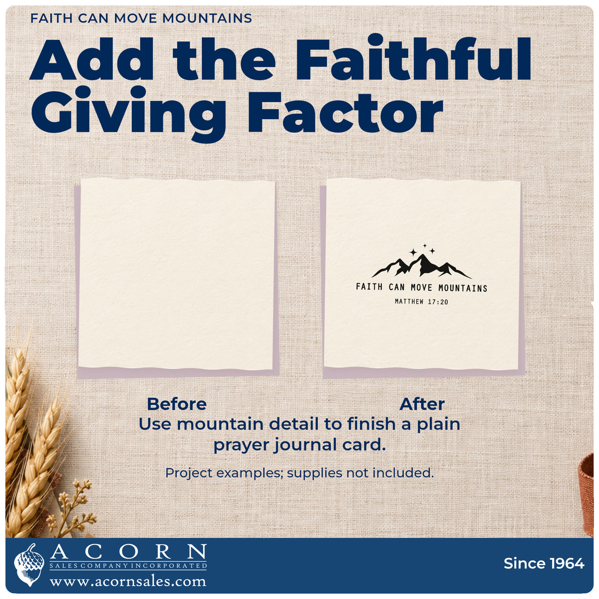 Before and after of a plain item finished with the Faith Can Move Mountains Premium Wooden Stamp - Vintage Pro, a quick upgrade for water bottle labels.