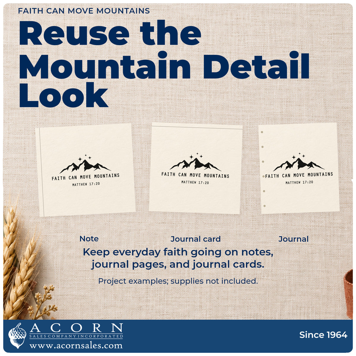 Three project examples made with the Faith Can Move Mountains Premium Wooden Stamp - Vintage Pro, including scrapbook summit pages.