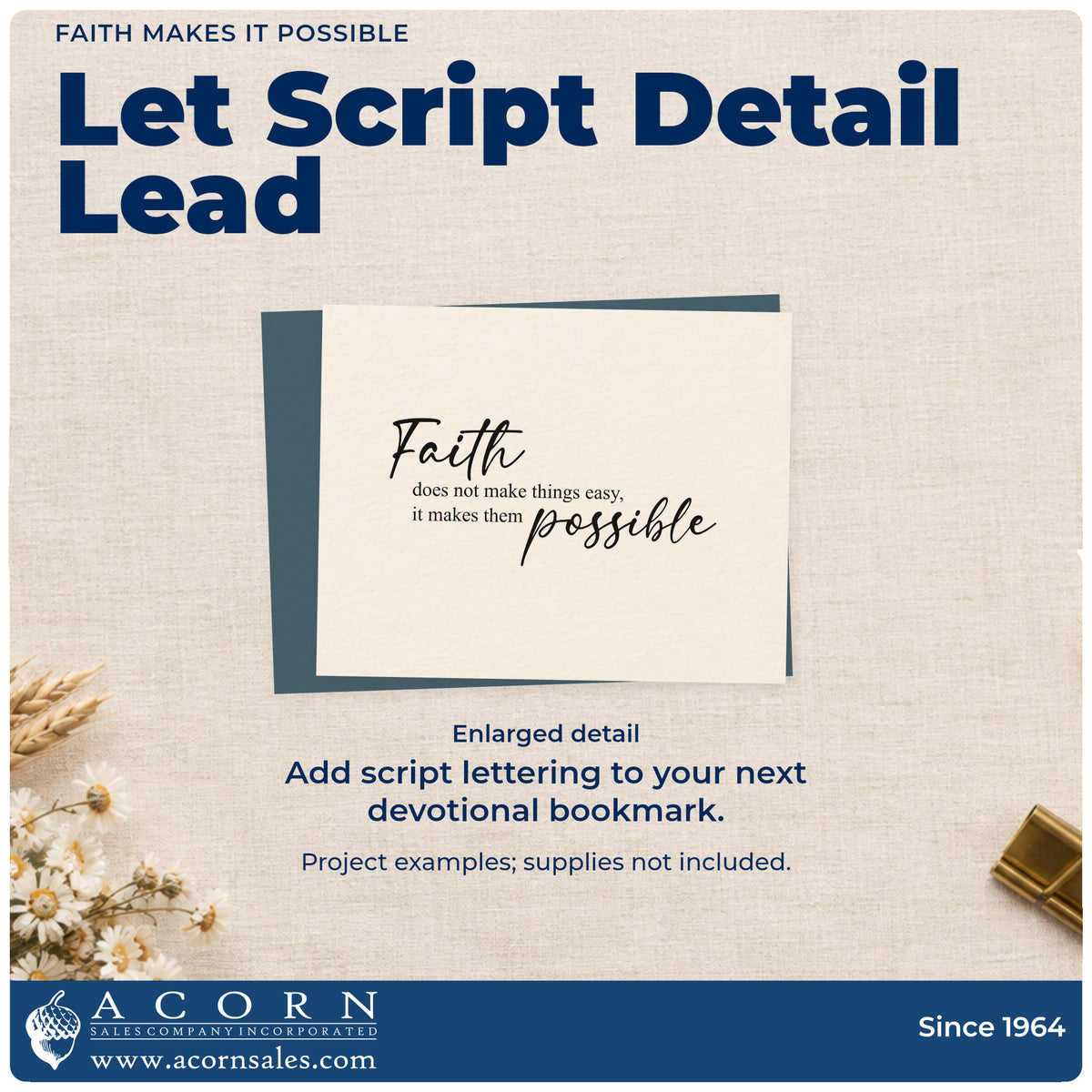 Enlarged detail of the Faith Makes Things Possible Script Lettering Stamp - Premium Vintage Pro Wooden imprint. Flowing "Faith" and "Possible" script frame the line "Does not make things easy, it makes them possible."