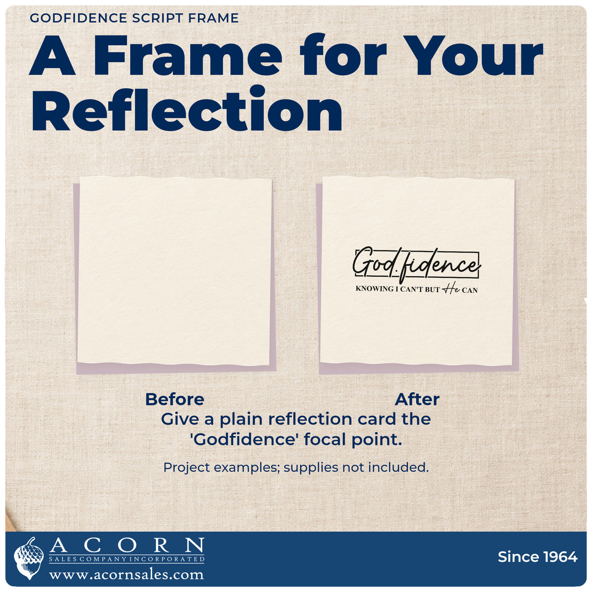 Before and after of a plain item finished with the Godfidence Script Framed Lettering Premium Wooden Stamp - Vintage Pro, a quick upgrade for mirror clings.