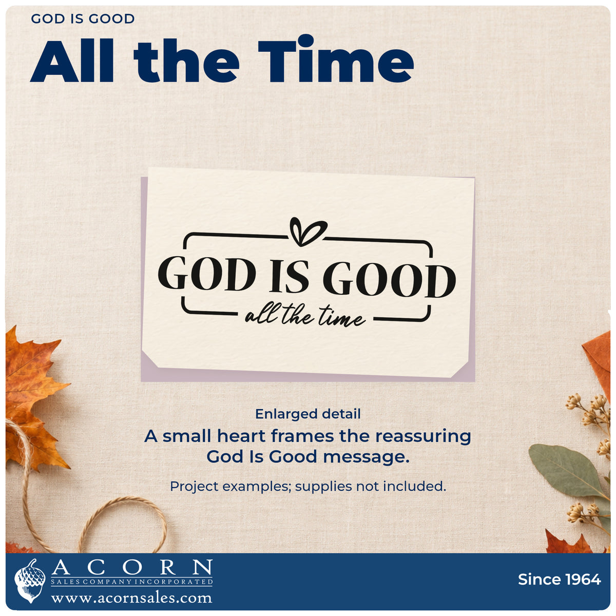 Enlarged detail of the God Is Good Slim Pre-Inked Stamp imprint. A heart and bracket-like border accent "God is good" and "All the time."